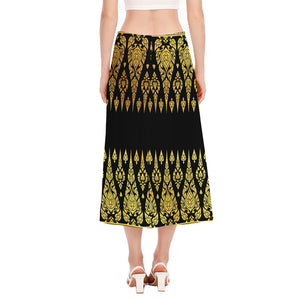 Gold And Black Thai Pattern Print Side Slit Midi Skirt