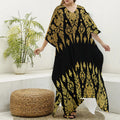 Gold And Black Thai Pattern Print Silk V-Neck Kaftan Dress