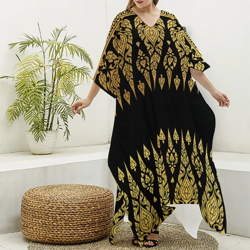 Gold And Black Thai Pattern Print Silk V-Neck Kaftan Dress