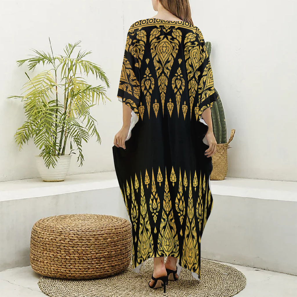 Gold And Black Thai Pattern Print Silk V-Neck Kaftan Dress