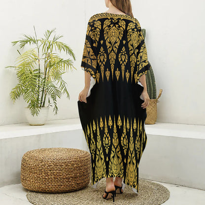 Gold And Black Thai Pattern Print Silk V-Neck Kaftan Dress