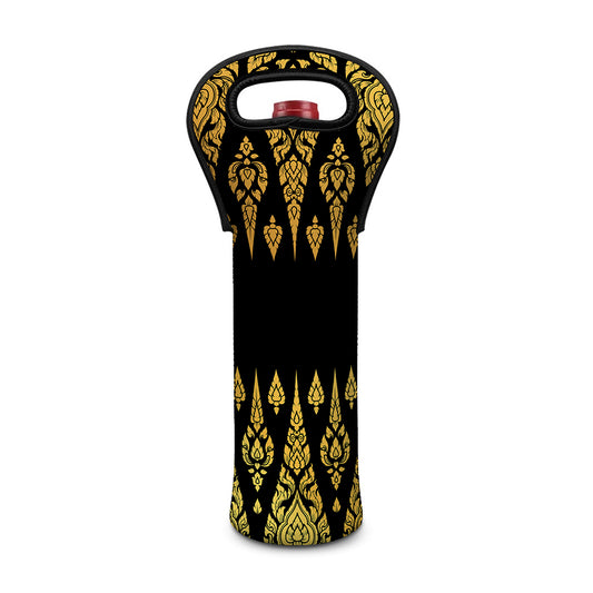 Gold And Black Thai Pattern Print Single Neoprene Wine Tote