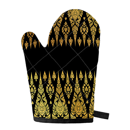 Gold And Black Thai Pattern Print Single Oven Mitt