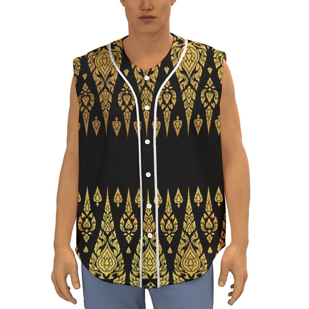 Gold And Black Thai Pattern Print Sleeveless Baseball Jersey