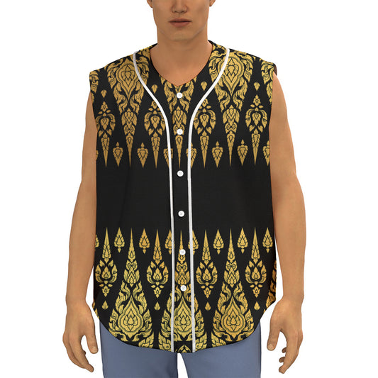 Gold And Black Thai Pattern Print Sleeveless Baseball Jersey