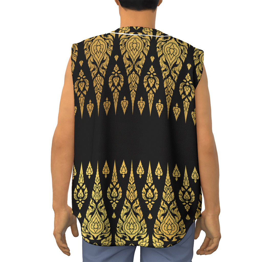 Gold And Black Thai Pattern Print Sleeveless Baseball Jersey