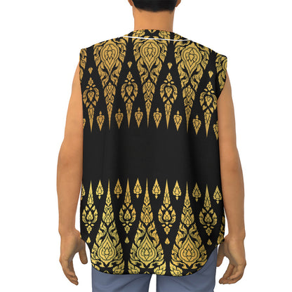 Gold And Black Thai Pattern Print Sleeveless Baseball Jersey