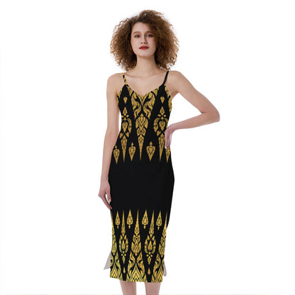Gold And Black Thai Pattern Print Slim Fit Midi Cami Dress