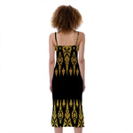Gold And Black Thai Pattern Print Slim Fit Midi Cami Dress