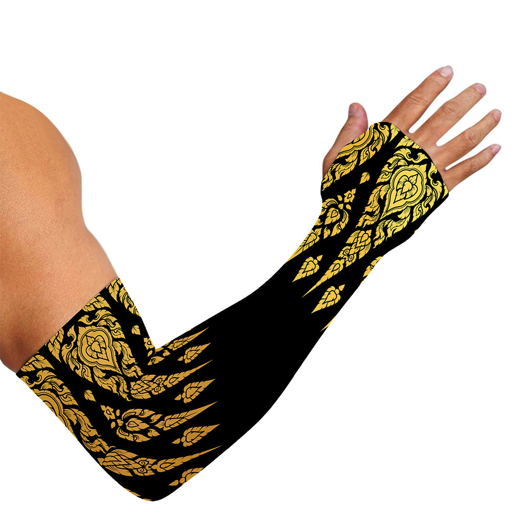Gold And Black Thai Pattern Print Sun Protection Arm Sleeves