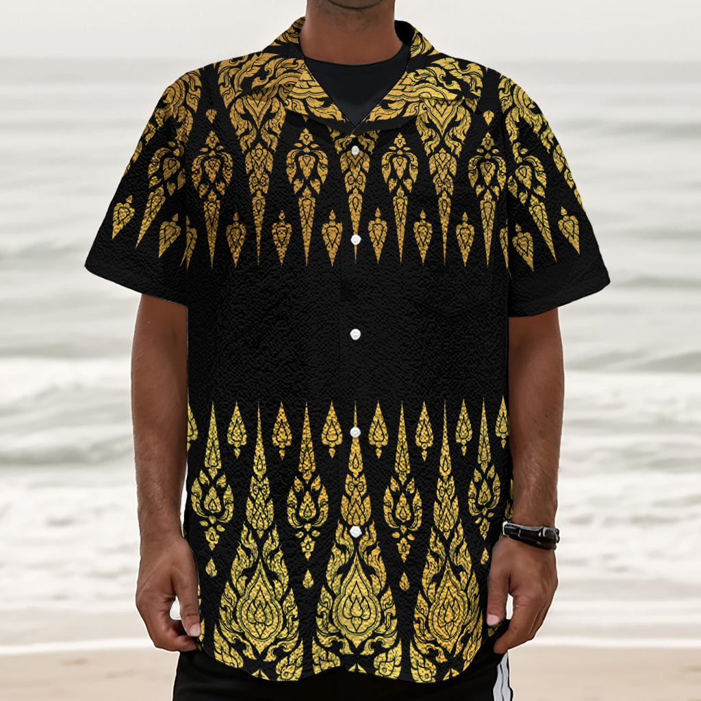 Gold And Black Thai Pattern Print Textured Short Sleeve Shirt