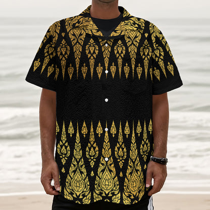 Gold And Black Thai Pattern Print Textured Short Sleeve Shirt