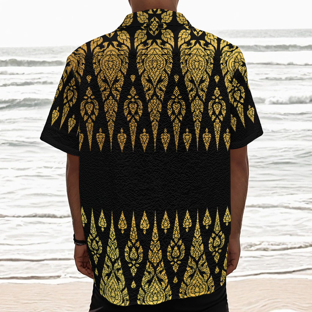 Gold And Black Thai Pattern Print Textured Short Sleeve Shirt
