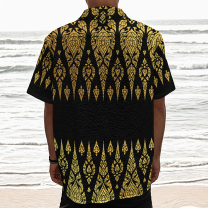 Gold And Black Thai Pattern Print Textured Short Sleeve Shirt