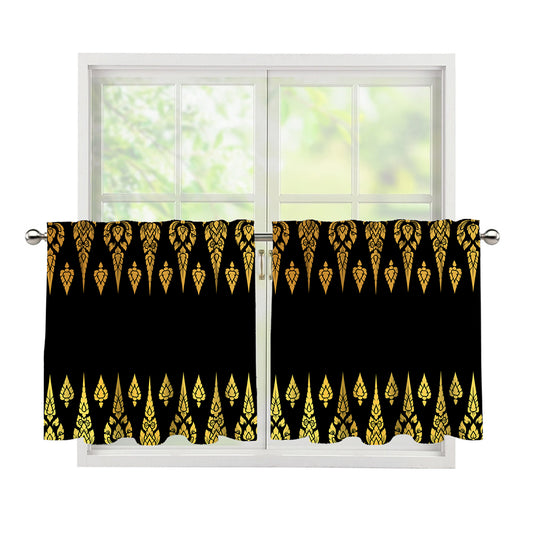 Gold And Black Thai Pattern Print Tier Curtains