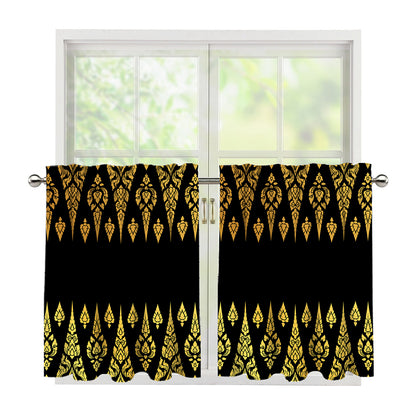Gold And Black Thai Pattern Print Tier Curtains