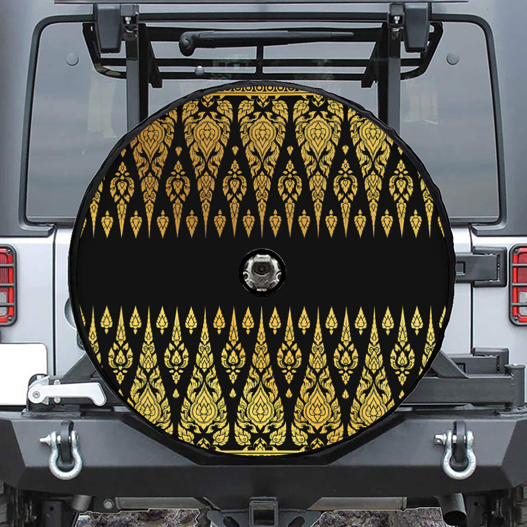 Gold And Black Thai Pattern Print Tire Cover With Camera Hole