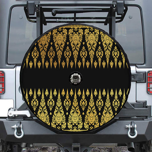 Gold And Black Thai Pattern Print Tire Cover With Camera Hole