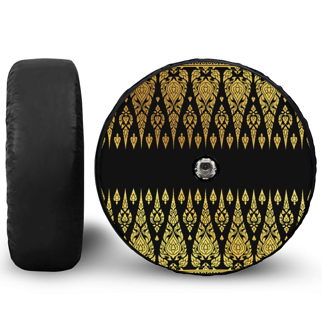 Gold And Black Thai Pattern Print Tire Cover With Camera Hole