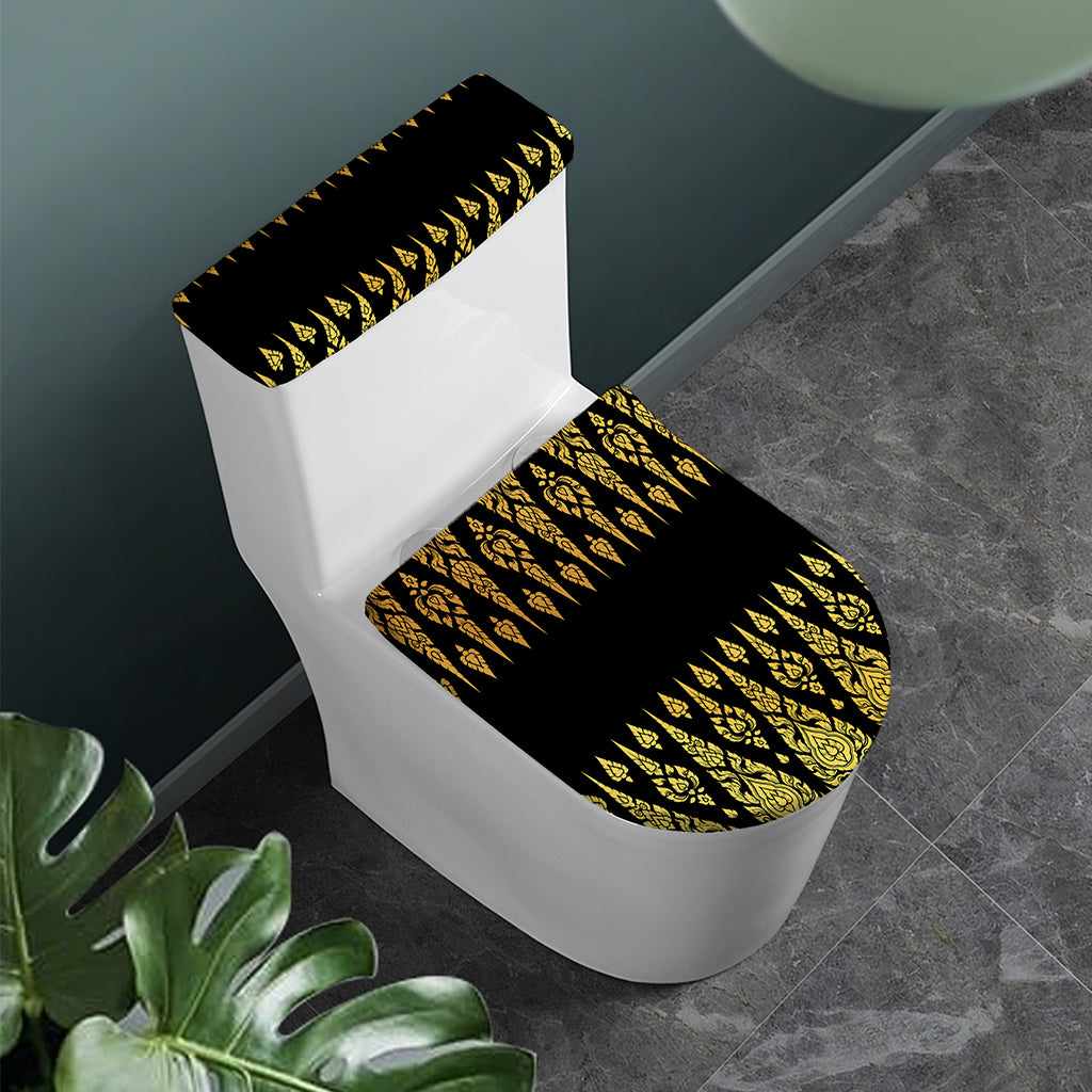 Gold And Black Thai Pattern Print Toilet Lid And Tank Cover Set