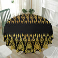 Gold And Black Thai Pattern Print Waterproof Round Tablecloth