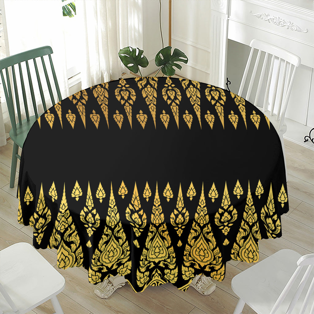 Gold And Black Thai Pattern Print Waterproof Round Tablecloth