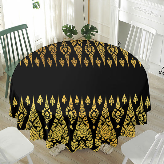 Gold And Black Thai Pattern Print Waterproof Round Tablecloth