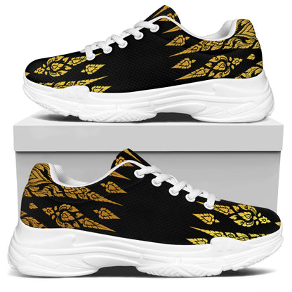 Gold And Black Thai Pattern Print White Chunky Shoes