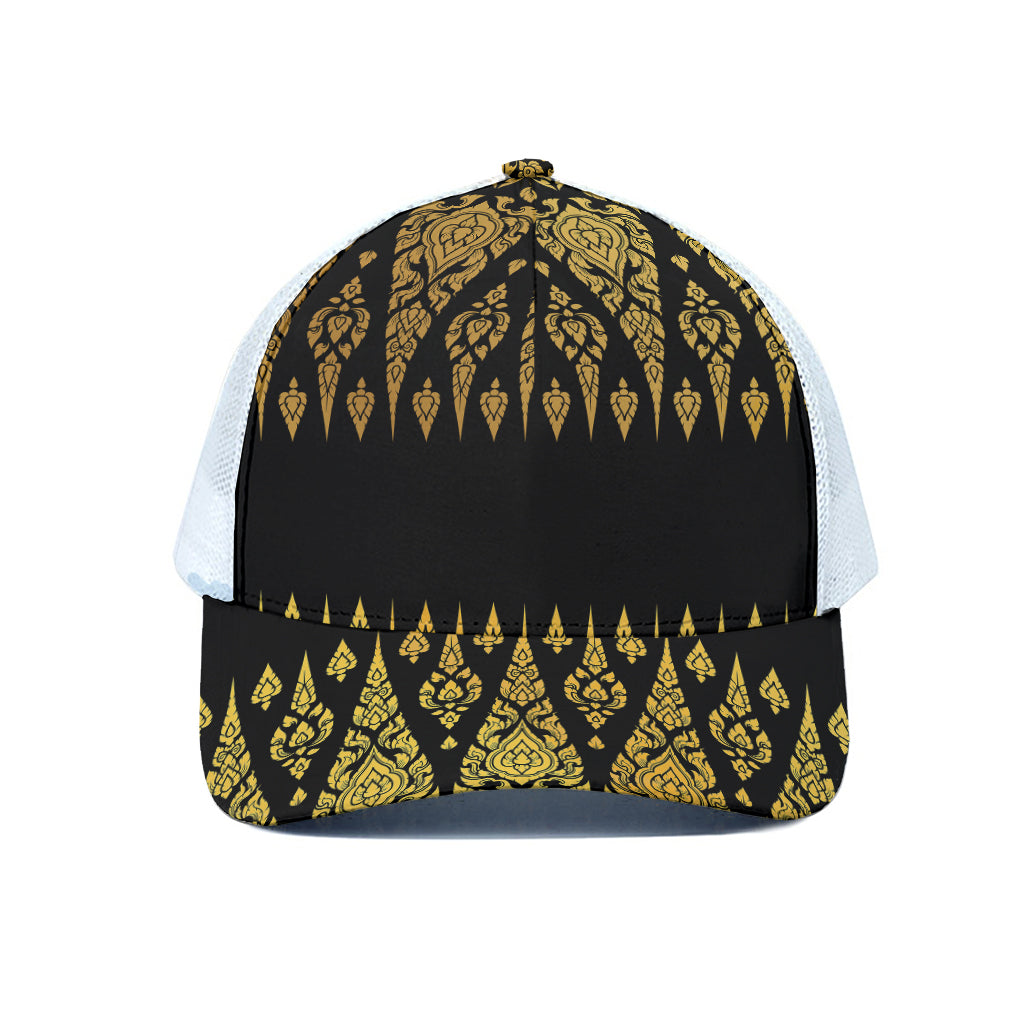 Gold And Black Thai Pattern Print White Mesh Trucker Cap