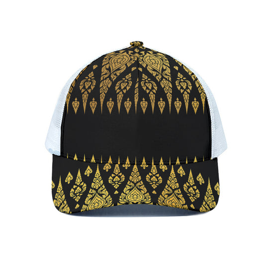 Gold And Black Thai Pattern Print White Mesh Trucker Cap