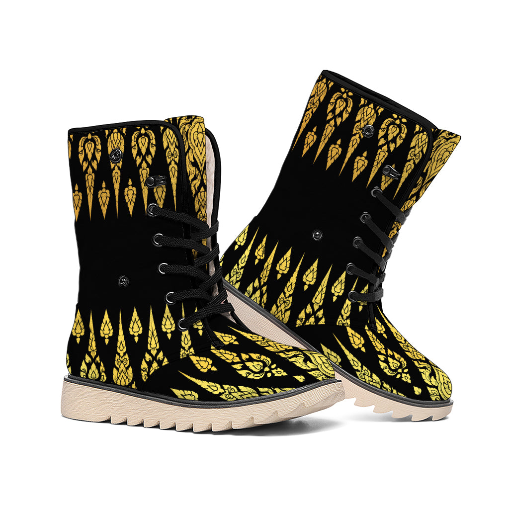 Gold And Black Thai Pattern Print Winter Boots