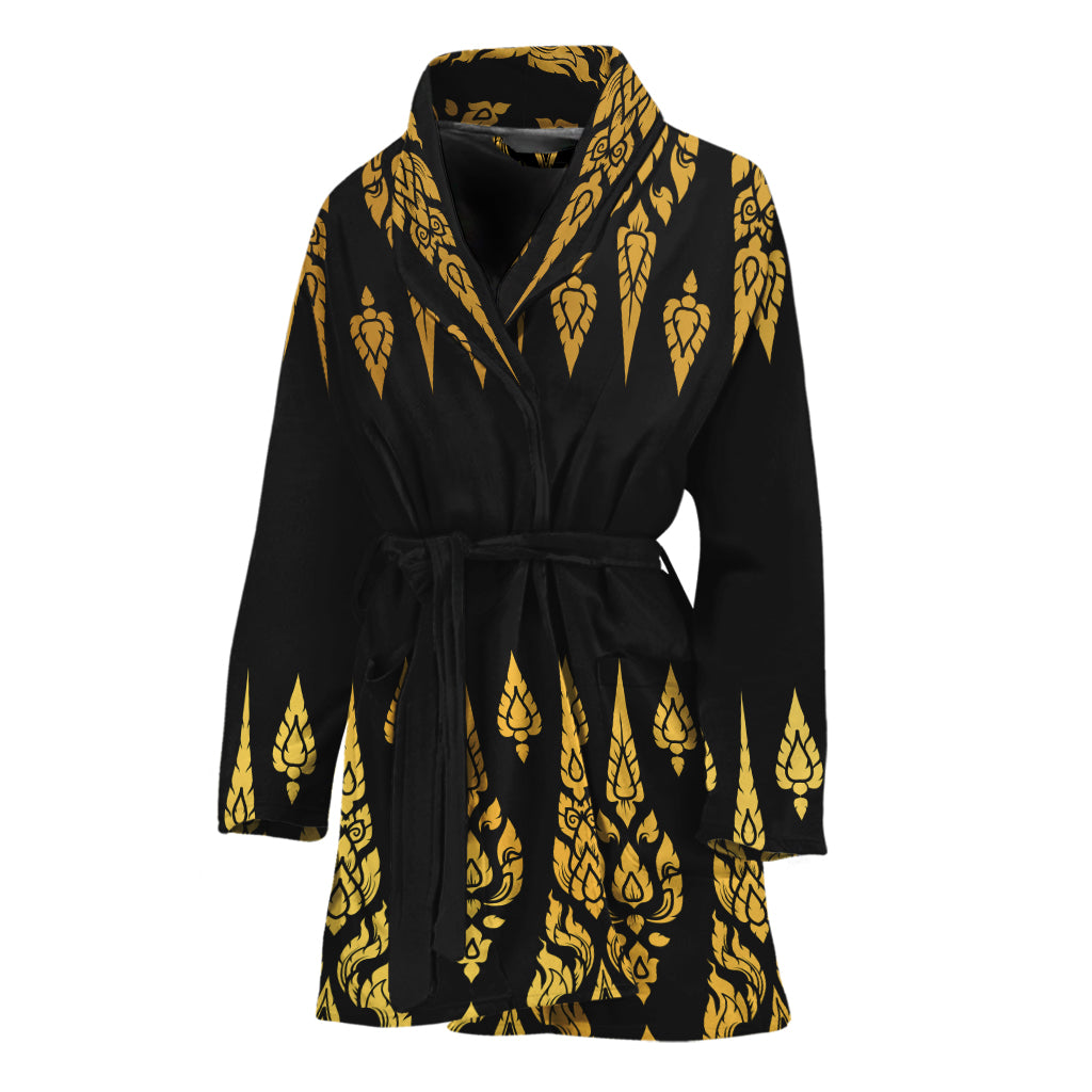 Gold And Black Thai Pattern Print Women's Bathrobe
