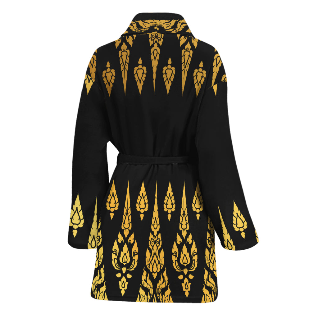 Gold And Black Thai Pattern Print Women's Bathrobe