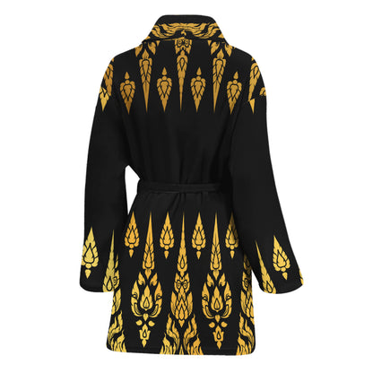 Gold And Black Thai Pattern Print Women's Bathrobe