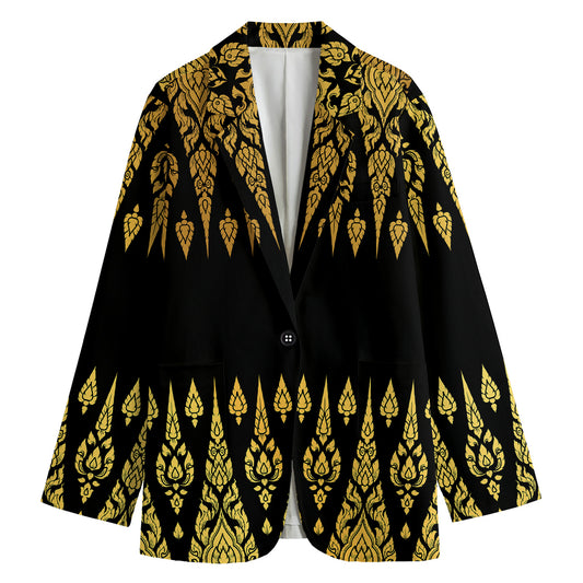 Gold And Black Thai Pattern Print Women's Blazer