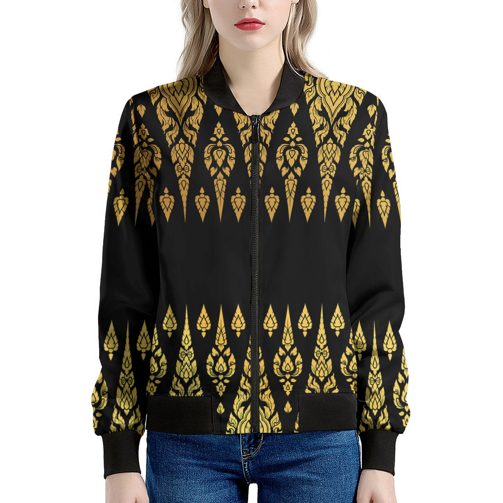 Gold And Black Thai Pattern Print Women's Bomber Jacket