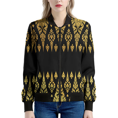 Gold And Black Thai Pattern Print Women's Bomber Jacket