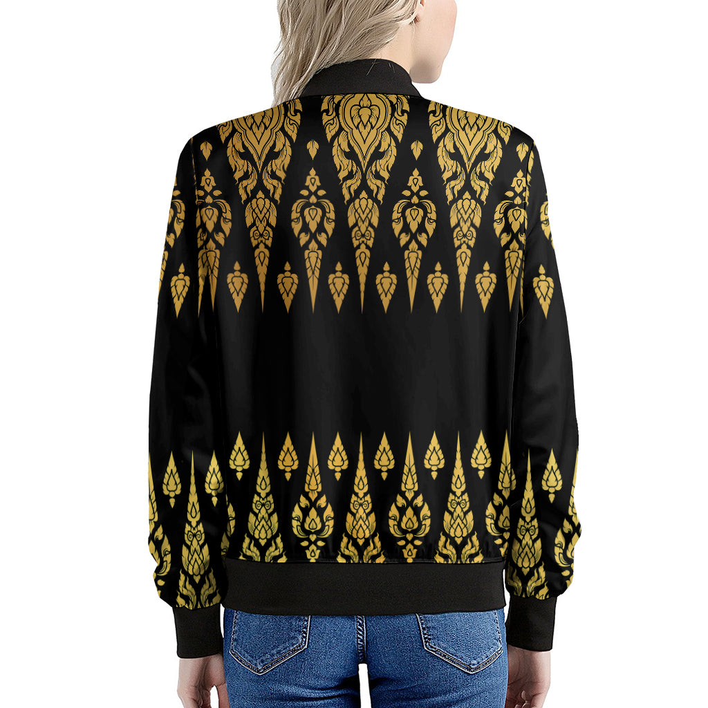 Gold And Black Thai Pattern Print Women's Bomber Jacket