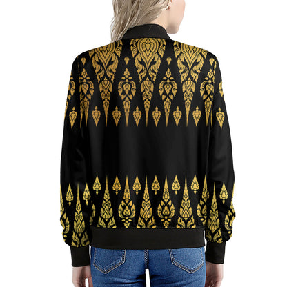 Gold And Black Thai Pattern Print Women's Bomber Jacket