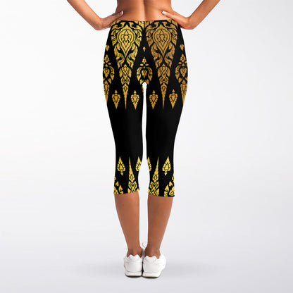 Gold And Black Thai Pattern Print Women's Capri Leggings