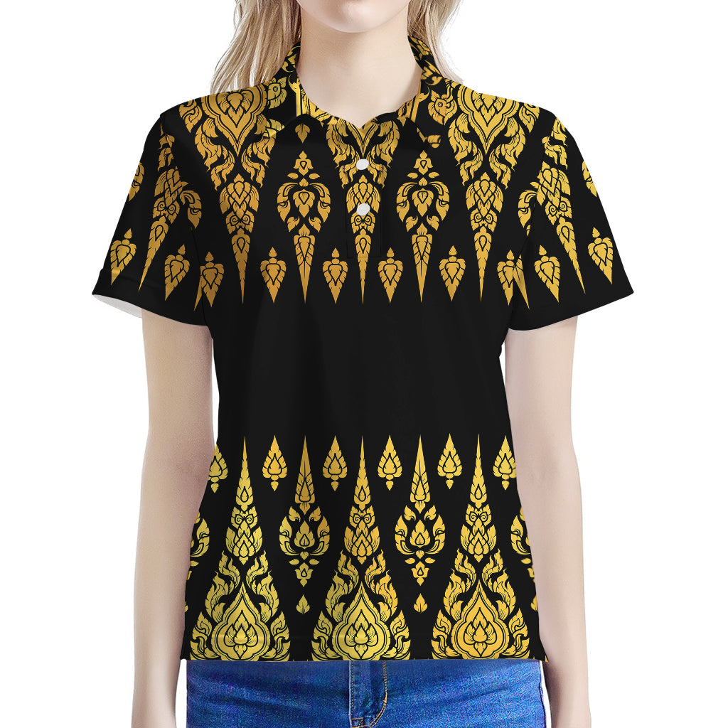 Gold And Black Thai Pattern Print Women's Polo Shirt