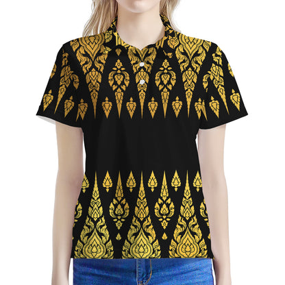 Gold And Black Thai Pattern Print Women's Polo Shirt