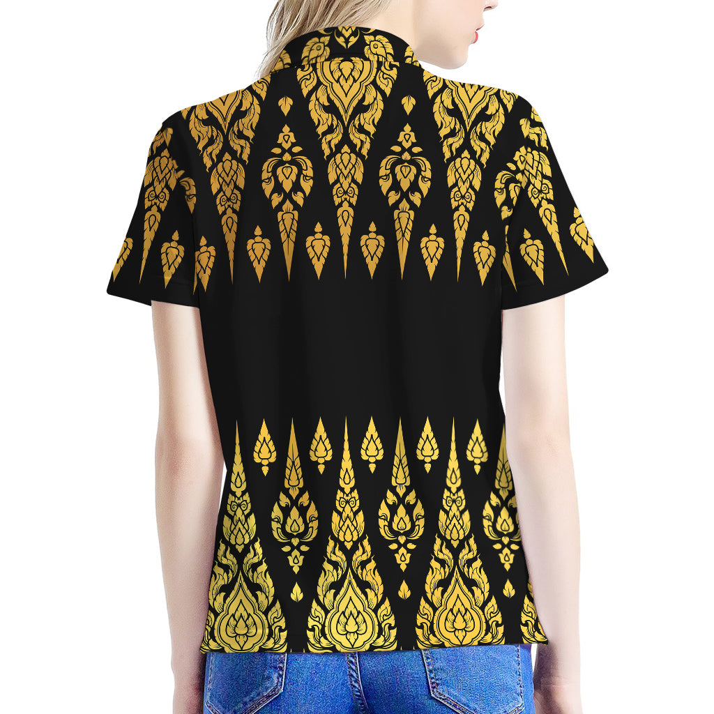 Gold And Black Thai Pattern Print Women's Polo Shirt