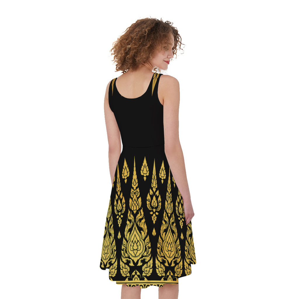 Gold And Black Thai Pattern Print Women's Sleeveless Dress