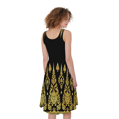 Gold And Black Thai Pattern Print Women's Sleeveless Dress