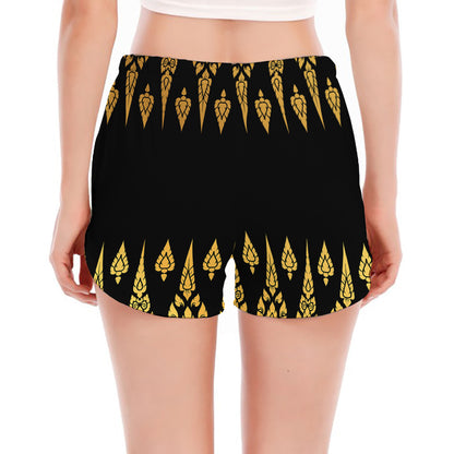 Gold And Black Thai Pattern Print Women's Split Running Shorts