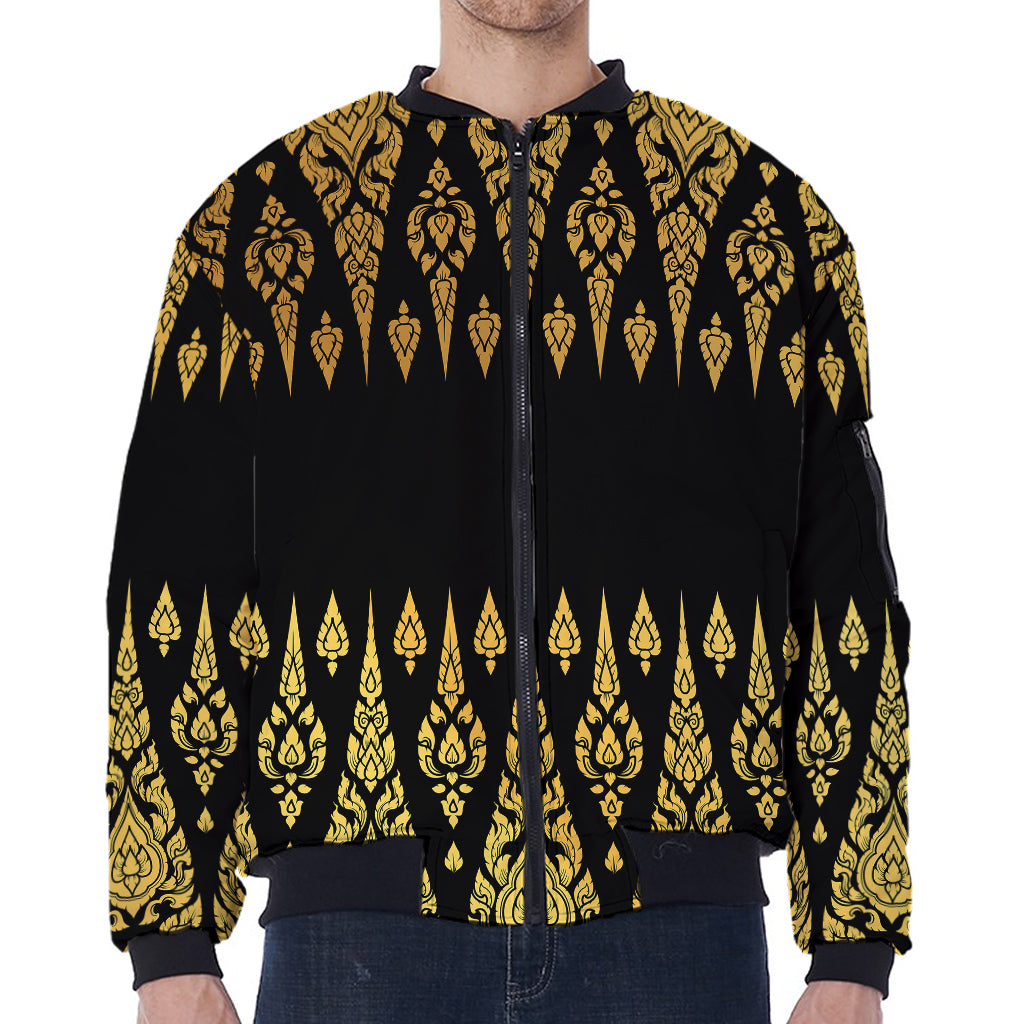 Gold And Black Thai Pattern Print Zip Sleeve Bomber Jacket
