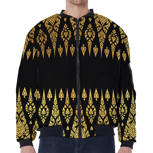 Gold And Black Thai Pattern Print Zip Sleeve Bomber Jacket