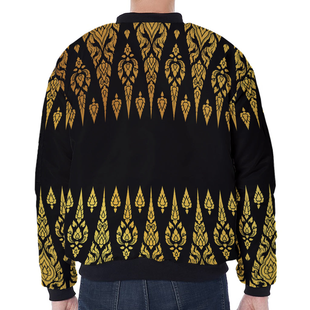 Gold And Black Thai Pattern Print Zip Sleeve Bomber Jacket