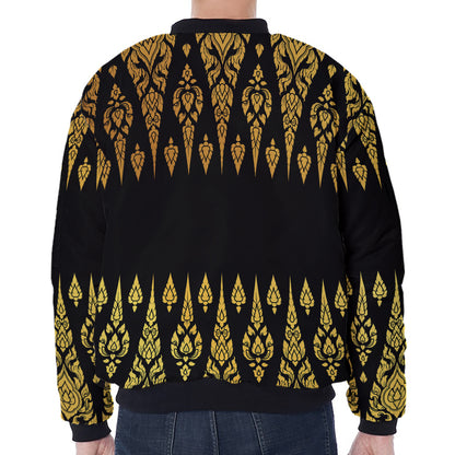 Gold And Black Thai Pattern Print Zip Sleeve Bomber Jacket